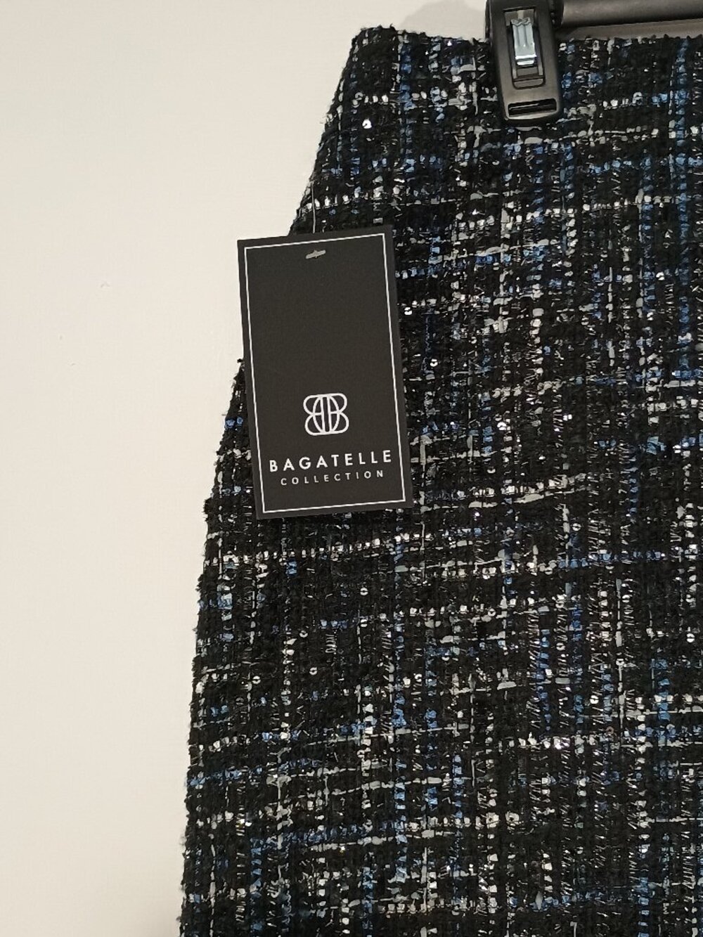 Bagatelle Collection Black Blue Silver Tweed Sequin Asymmetrical Mini Skirt NWT - Picture 5 of 10